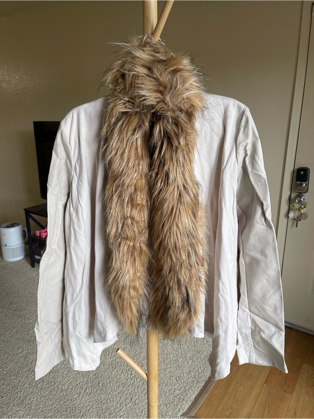 INC International Concepts Cream Leather Jacket with Brown Faux Fur Trim